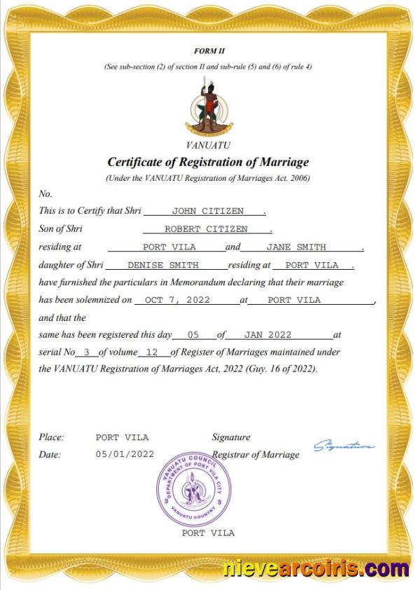 Vanuatu marriage certificate